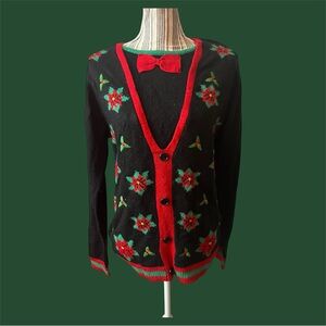 Festive Black and Red Cardigan with Bow